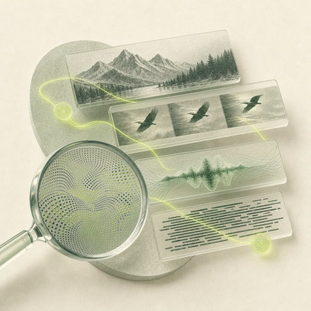 Conceptual illustration of an optical lens revealing a shared dotted signal inside layered image, video, audio, and text panels.